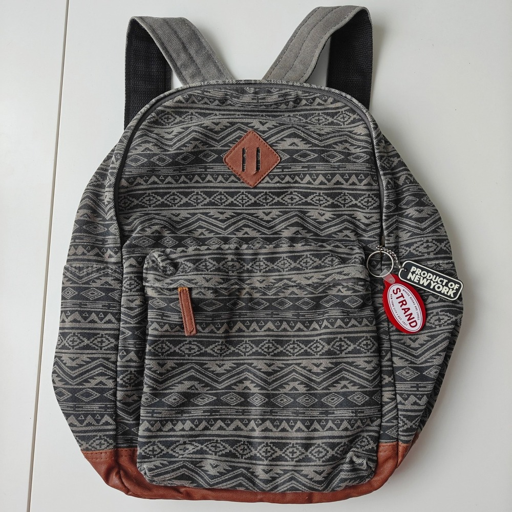 Topman Mens Aztec Geometric Print Canvas Backpack Grey Black Faux Leather Trim